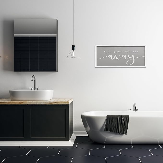 Stupell Industries Wash Your Worries Away Phrase Bathroom Relaxation, Designed by Daphne Polselli White Framed Wall Art, 13 x 30, Grey