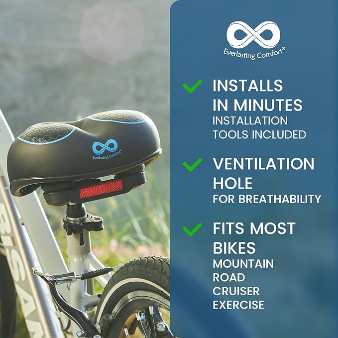 Everlasting Comfort Bike Seat Cushion (10"x8") - Universal Fit for Mountain, Stationary, Cruiser Bikes - Easy Assembly - Comfortable Memory Foam Bike Saddle - Bike Seats for Men - Bike Seats for Women