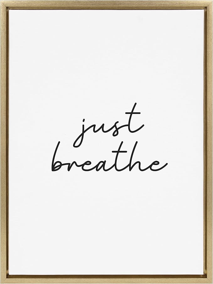 Kate and Laurel Sylvie Just Breathe Black and White Framed Canvas Wall Art by The Creative Bunch Studio, 18x24 Gold, Simple Motivational Art, Self Care Wall Décor