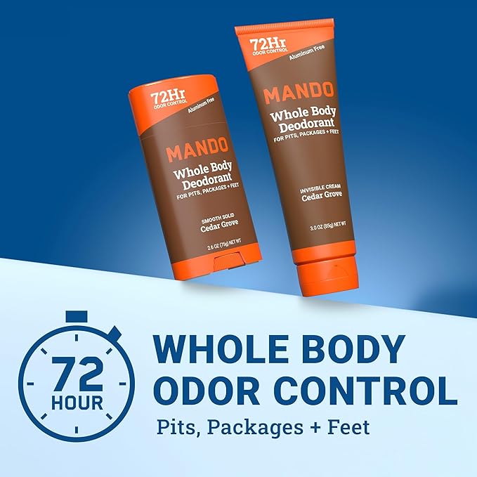 Mando Whole Body Deodorant - Invisible Cream Tube and Solid Stick - 72 Hour Odor Control - Aluminum Free, Baking Soda Free, Skin Safe - 3.0 Ounce Tube and 2.6 Ounce Solid Stick Bundle - Cedar Grove