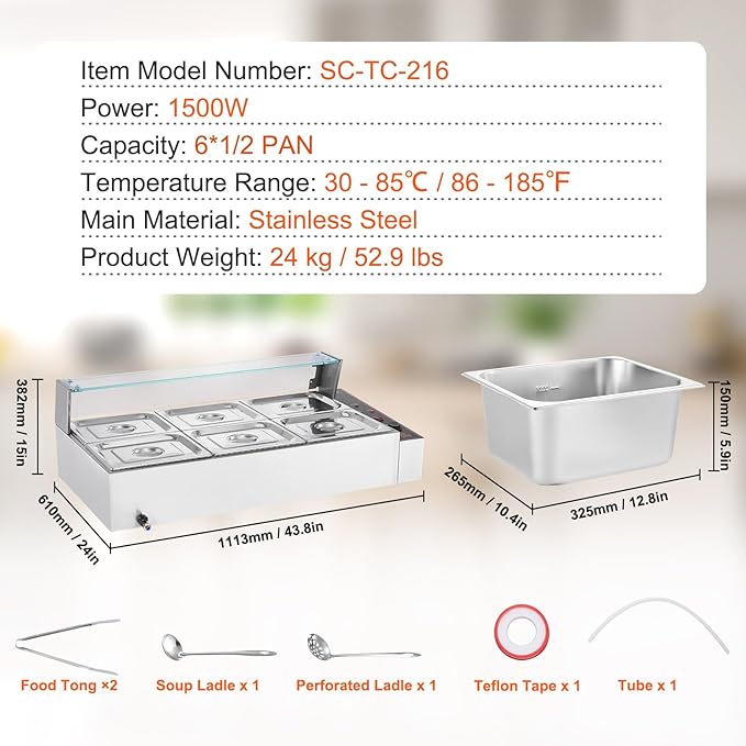 VEVOR 6-Pan Commercial Food Warmer, 6 x 8QT Electric Steam Table with Glass Cover, 1500W Countertop Stainless Steel Buffet Bain Marie 86-185°F Temp Control for Catering, Restaurants, Silver