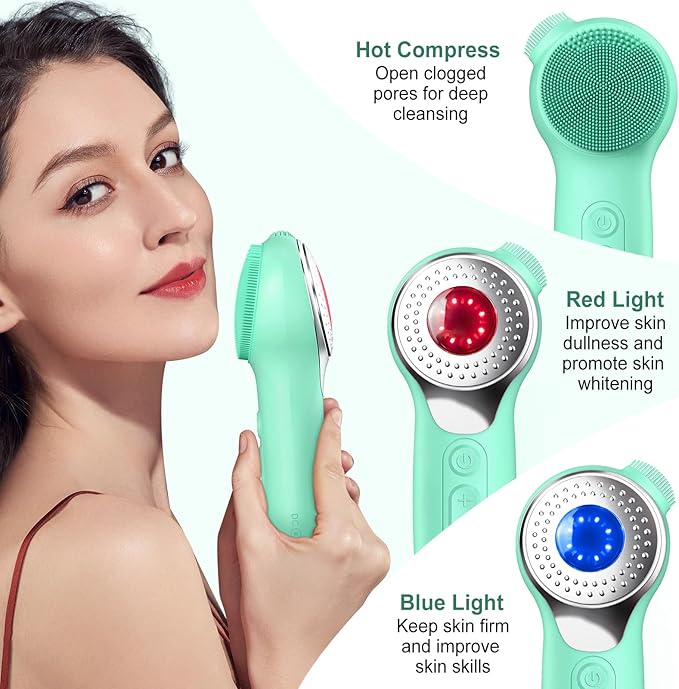 Facial Cleansing Brush, Silicone Electric Face Scrubber Waterproof Sonic Vibration Face Cleanser Brush for Men Women, Rechargeable Face Brushes with Nose Scrub Brush Exfoliating Massaging(Green)