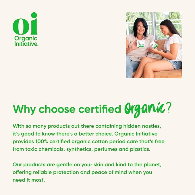 Oi | Organic Initiative - Ultra-Thin Pads with Wings | 100% Certified Organic Cotton, Unscented | Leak Free, Biodegradable | Non-GMO, Toxin Free (Regular, 20, Count)