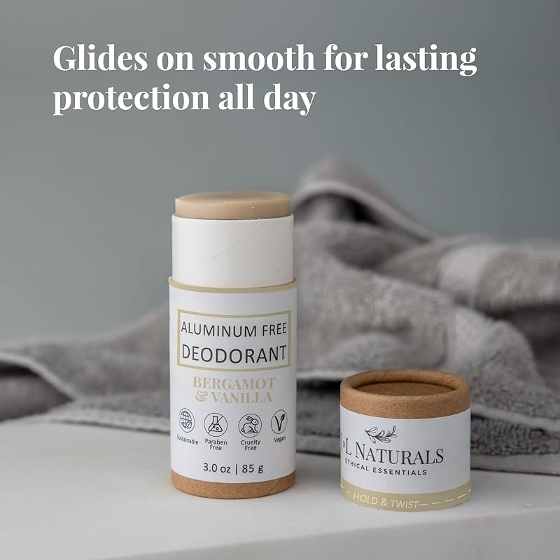 J&L Naturals Aluminum Free Deodorant for Men & Women | 100% Natural Ingredients With Coconut Oil, Shea Butter, & Essential Oils | Sustainable, Eco-Friendly (Bergamot & Vanilla, 3.0 Oz (Pack of 4))