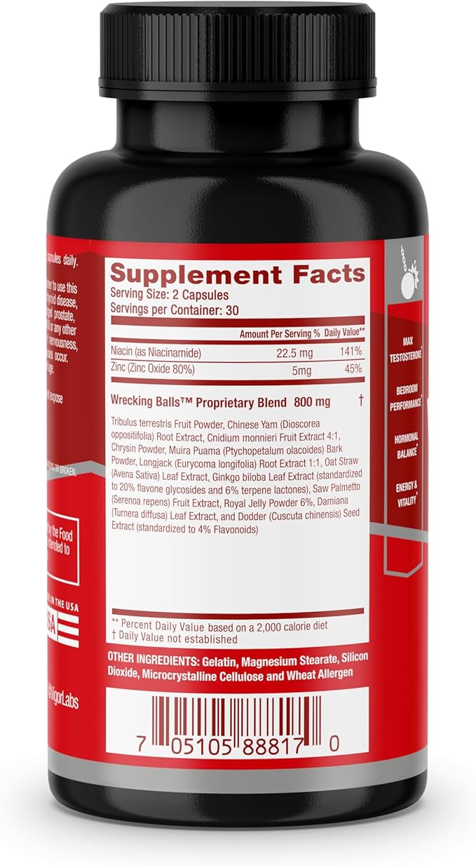 Wrecking Balls (60 Capsules), Supports The Natural Production of Essential Male Hormones by Your Body to Support Fuller Drive, Male Vitality, and Increased Stamina. (Made in The USA)