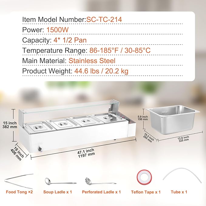 VEVOR 4-Pan Commercial Food Warmer, 4 x 12QT Electric Steam Table with Glass Cover, 1500W Countertop Stainless Steel Buffet Bain Marie 86-185°F Temp Control for Catering, Restaurants, Silver