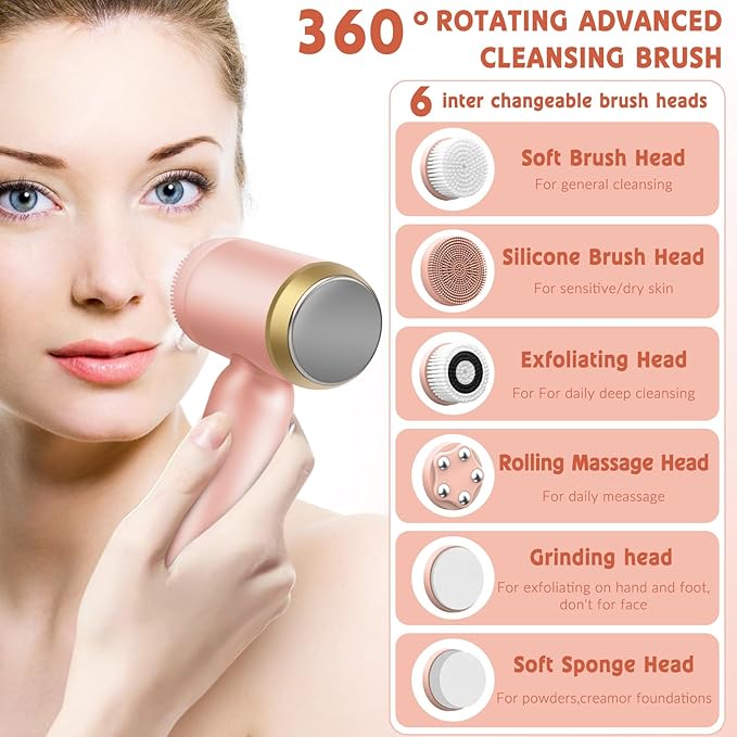 Landmore Facial Cleansing Brush, 8 in 1 Spin Face Wash Brush Rechargable Waterproof Face Scrubber with 6 Brush Heads, 3 Speeds for Deep Cleansing, Exfoliator, Thermal & Cold Massager Skin Care, Pink