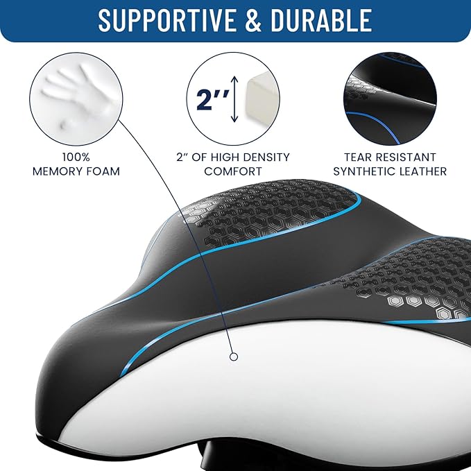 Everlasting Comfort Bike Seat Cushion (10"x8") - Universal Fit for Mountain, Stationary, Cruiser Bikes - Easy Assembly - Comfortable Memory Foam Bike Saddle - Bike Seats for Men - Bike Seats for Women