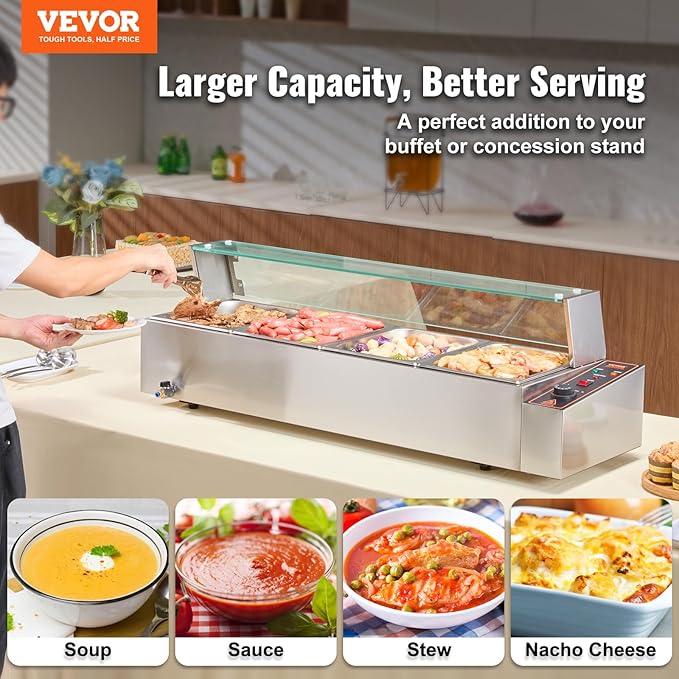 VEVOR 4-Pan Commercial Food Warmer, 4 x 12QT Electric Steam Table with Glass Cover, 1500W Countertop Stainless Steel Buffet Bain Marie 86-185°F Temp Control for Catering, Restaurants, Silver