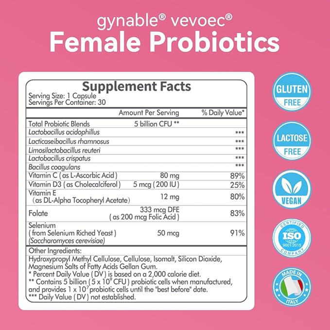 Gynable Vaginal Probiotics for Womem,Female Probiotic for pH Balance with Lactobacillus 5 Billion CFU Probiotics Blend,Selenium-Vitamin D3,Promote Healthy Vaginal Odor & Vaginal Flora,90 Count