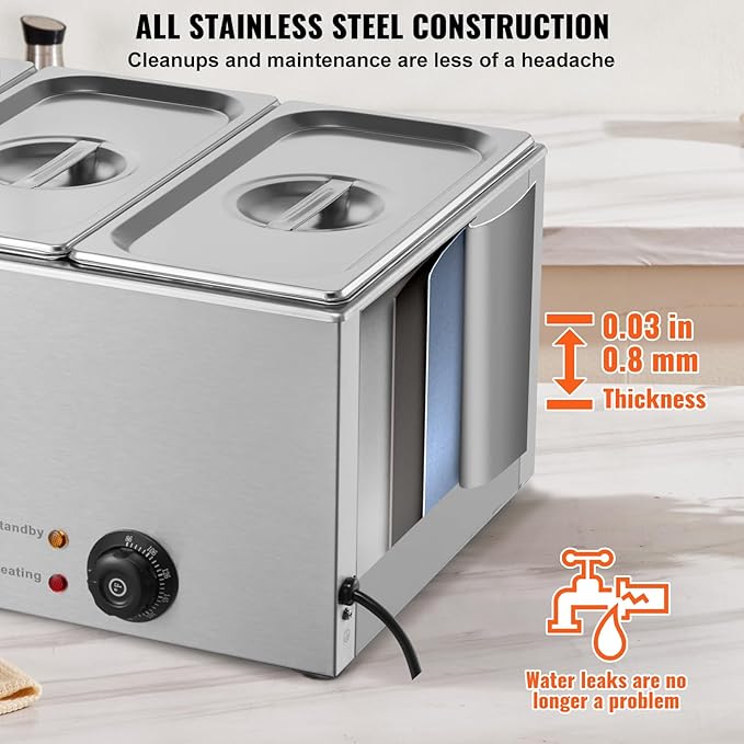 VEVOR 3-Pan Commercial Food Warmer, 24QT Electric Steam Table, 1200W Professional Countertop Stainless Steel Buffet Bain Marie with 86-185°F Temp Control for Catering and Restaurants, Silver