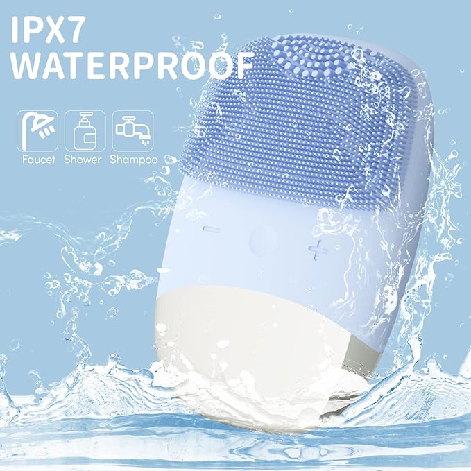 Silicone Face Scrubber, SIWIEY IPX7 Waterproof Sonic Facial Cleansing Brush, USB Rechargeable Sonic Massage Face Brush for Deep Cleansing, Gentle Exfoliating and Massaging (Blue)
