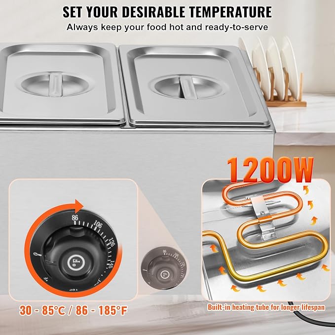 VEVOR 3-Pan Commercial Food Warmer, 24QT Electric Steam Table, 1200W Professional Countertop Stainless Steel Buffet Bain Marie with 86-185°F Temp Control for Catering and Restaurants, Silver