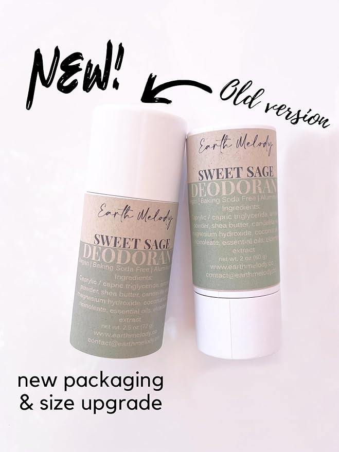 Earth Melody Natural Deodorant Baking Soda Aluminum Free - 24 Hour Odor Protection Plastic-free package, Set of 2 Sweet Sage Scented - NEW PACKAGING AND SIZE UPGRADE