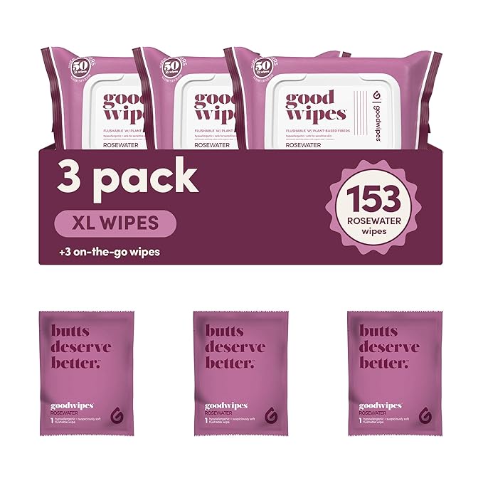 goodwipes Flushable Butt Wipes - Extra Large Adult Wet Wipes For Women & Men - Bathroom Essentials - Sewer & Septic Safe - Rosewater, 153 Count (3 Packs + 3 Individually Wrapped)