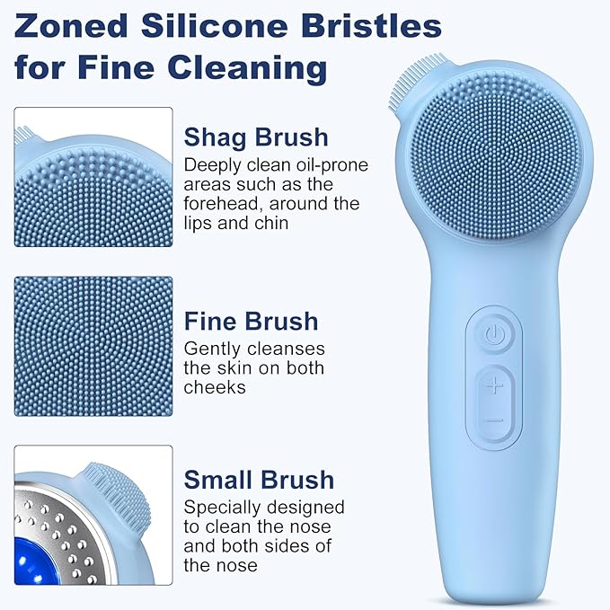 Facial Cleansing Brush, Silicone Electric Face Scrubber Waterproof Sonic Vibration Face Cleanser Brush for Men Women, Rechargeable Face Brushes with Nose Scrub Brush Exfoliating Massaging(Blue)