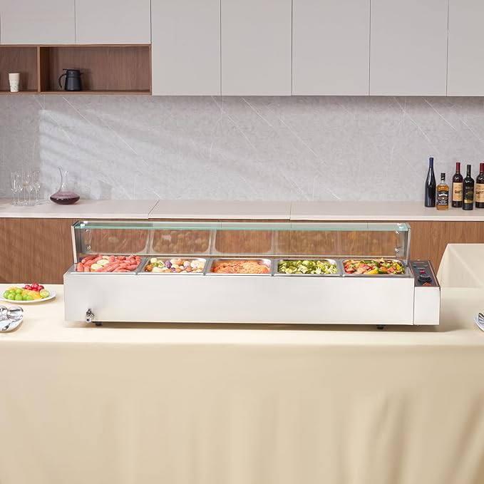 VEVOR 5-Pan Commercial Food Warmer, 5 x 12QT Electric Steam Table with Glass Cover, 1700W Countertop Stainless Steel Buffet Bain Marie 86-185°F Temp Control for Catering, Restaurants, Silver