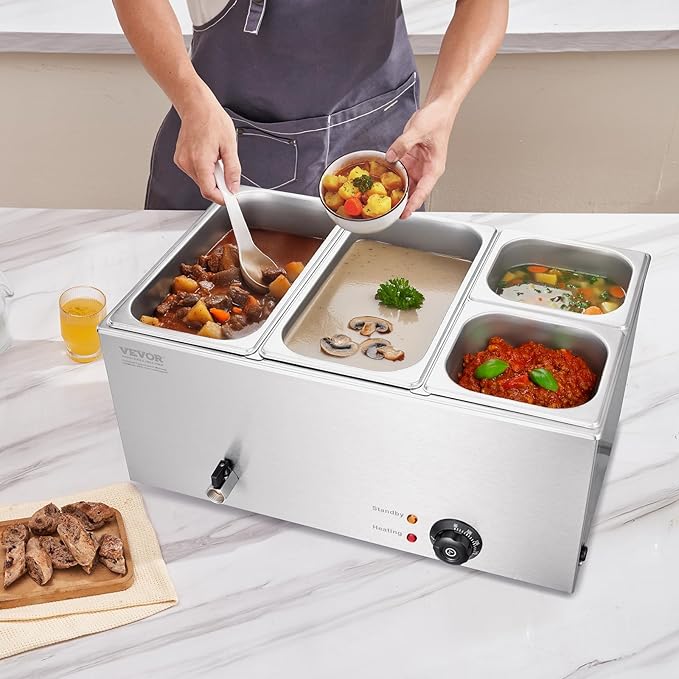 VEVOR 4-Pan Commercial Food Warmer, 16.4QT Electric Steam Table, 1200W Professional Countertop Stainless Steel Buffet Bain Marie with 86-185°F Temp Control for Catering and Restaurants, Silver