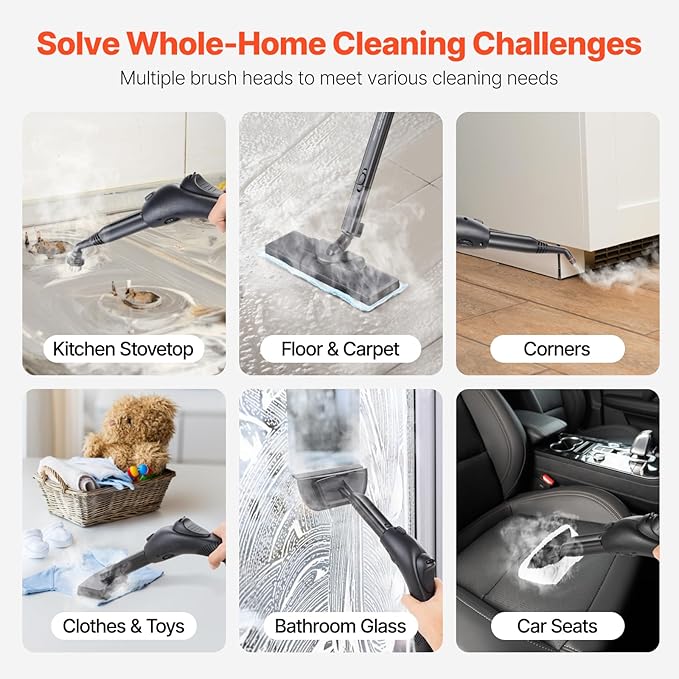 VEVOR Steam Cleaner, Multipurpose Powerful Steamer with 27 Accessories, Steamer Cleaing with Extra-Long Power Cord, 51 oz Tank and Portable Handle, for Grout, Tile, Floors, Appliances, Home & Car