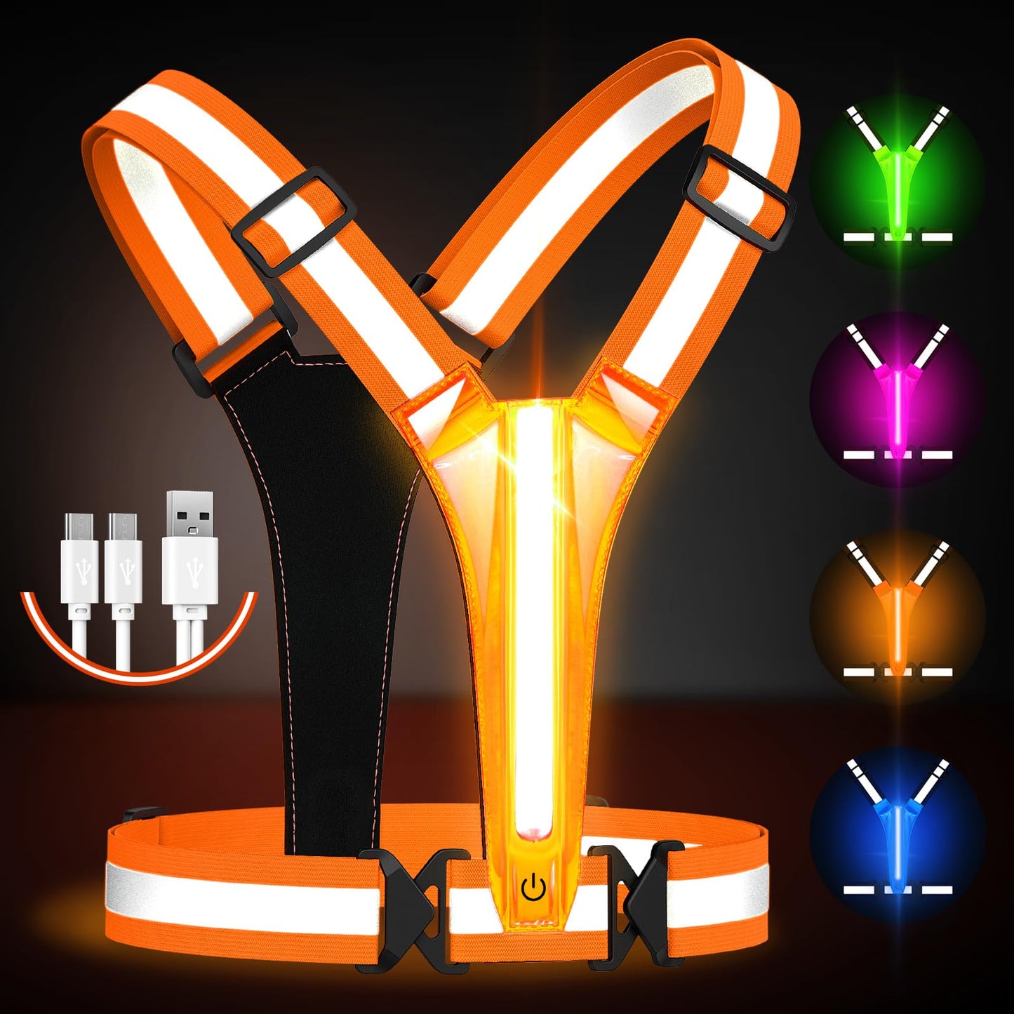 Fokia Kunbio LED Reflective Running Vest Gear,Light Up Vest Runners Night Walking USB Rechargeable,Up to 11hrs Light with Adjustable Waist/Shoulder for Women Men Kids (Orange)