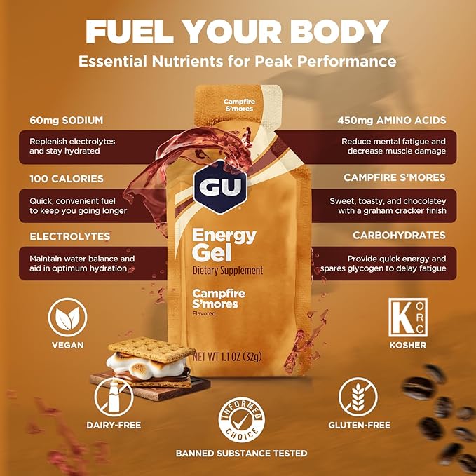 GU Energy Original Sports Nutrition Energy Gel, Vegan, Gluten-Free, Kosher, and Dairy-Free On-the-Go Energy for Any Workout, 24-Count, Campfire S'Mores
