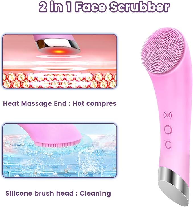 Facial Cleansing Brush, 2 in 1 Silicone Face Scrubber with Heat Massage End，Rechargeable Facial Exfoliation Brush, Waterproof Facial Scrubber for Deep Cleansing, Electric Face Brush for Women (Pink)