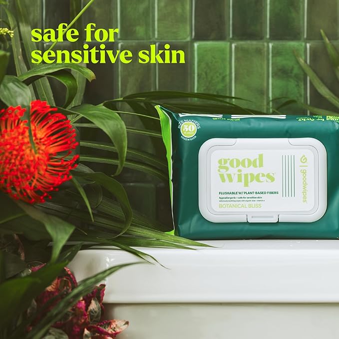 goodwipes Flushable Butt Wipes - Extra Large Adult Wet Wipes For Women & Men - Bathroom Essentials - Sewer & Septic Safe - Botanical Bliss, 153 Count (3 Packs + 3 Individually Wrapped)