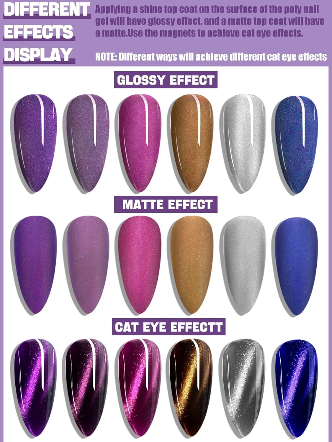 Poly Gel Nail Colors Kit EBANKU Poly Nails Extension Gel Cat Eye Glitter 6 Colors Nail Builder Gel Professional Nail Enhancement Kit for Women Popular Nail Art DIY Salon at Home