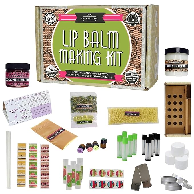 DIY Gift Kits 73-Piece DIY Lip Balm Kit | Includes All Natural & Organic Essential Oils, Shea Butter, Filling Tray & More | Makes 23 Homemade Lip Balms | For Dry & Chapped Lips | For Kids & Adults