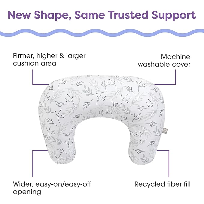 Boppy Nursing Pillow, Gray Gentle Leaves, Larger, More Supportive Pillow for Breastfeeding and Bottle Feeding; Firmer Fill, Higher Lift, Larger Area Than Original Nursing Pillow; JPMA Certified