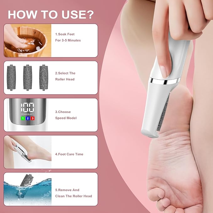 Electric Foot Callus Remover,3 Rollers,3 Speeds, Professional Electric Foot File Pedicure Tool Foot Scrubber for Feet Dead Skin,Smooth Pedicure Wand Feet Spa Care Kit for Men & Women,Ideal Gift