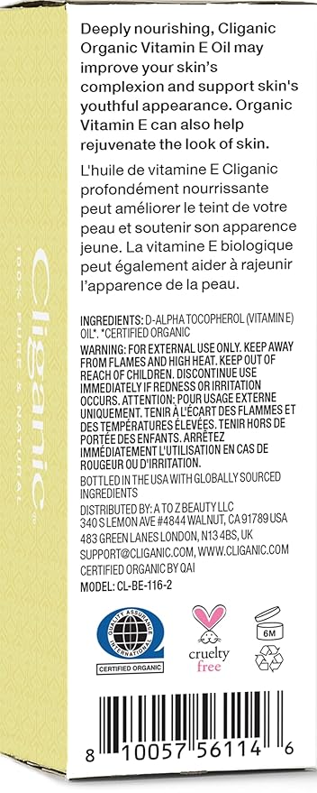 Cliganic Organic Pure Vitamin E Oil (2oz) for Skin, Hair & Face - 46,000 IU
