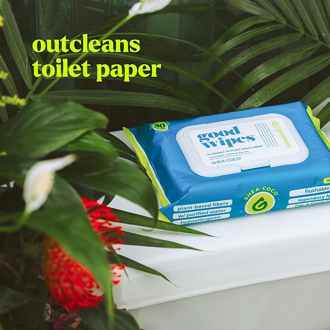 goodwipes Flushable Butt Wipes - Extra Large Adult Wet Wipes For Women & Men - Bathroom Essentials - Sewer & Septic Safe - Bathroom Essentials - Shea Coco, 153 Count (3 Packs + 3 Individually Wrapped)