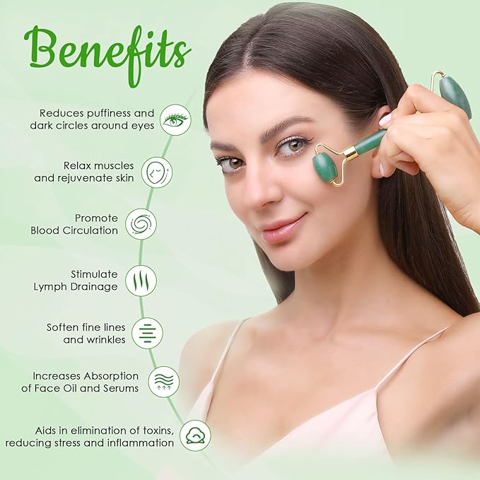 Jade Roller & Gua Sha Set, 100% Natural Facial Roller and Body Massage Skin Care Tools for Beauty, Increase Blood Circulation, Lymphatic Drainage & Reduce Wrinkles and Puffiness - Dark Green