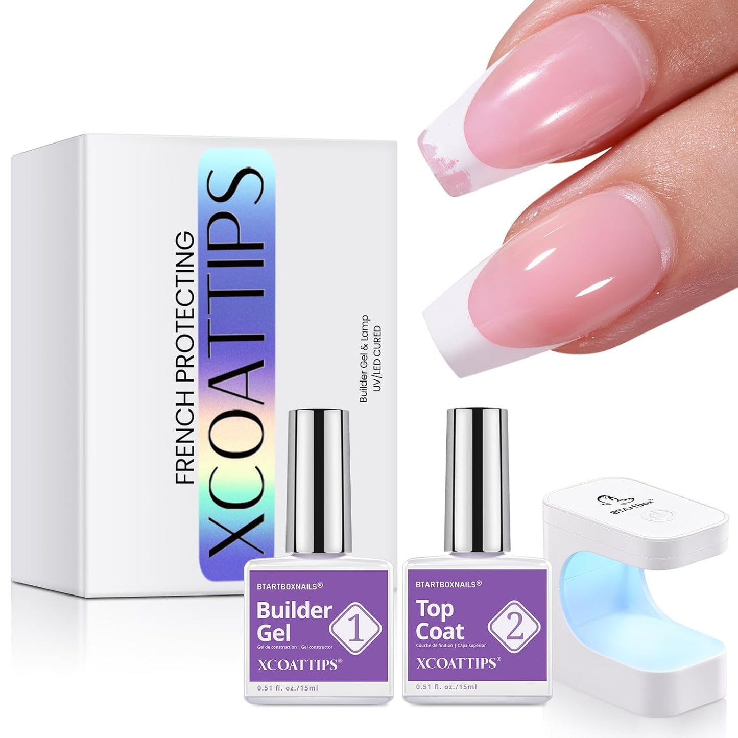 BTArtboxnails Nail Tips Builder Gel - Long Lasting 15ml Builder Gel with Portable Nail Lamp for French XCOATTIPS, 30+Days French Protection Duo Nail Extension Tool for Nail Art