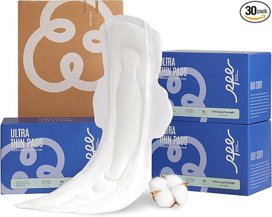 100% Organic Super Long Overnight Pads With Wings, Heavy Sanitary Napkins for Women Ultimate Absorbency, Ultra Thin Cotton Period Menstrual Pads (Extra Long, Size 6, 30ct)