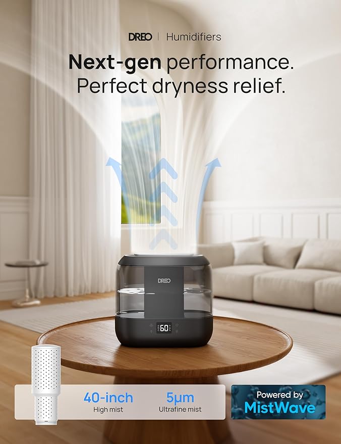 Dreo Humidifiers for Bedroom, Top Fill 4L Smart Cool Mist Humidifier with Oil Diffuser, Cartridge, Nightlight, 32H Runtime, Quiet Ultrasonic Humidifiers for Home, Baby Nursery, Plants, Office, HM311S