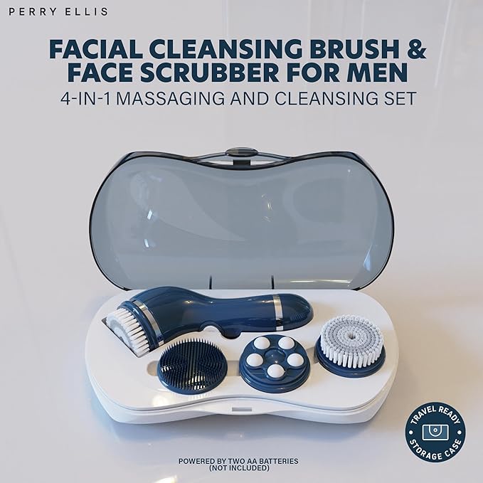Perry Ellis 4-in-1 Cordless Facial Cleansing Brush & Facial Massager for Men | Face Brushes for Cleansing and Exfoliating | Face Massager, Facial Skin Care Products | Massage Tools w/ 4 Brush Heads