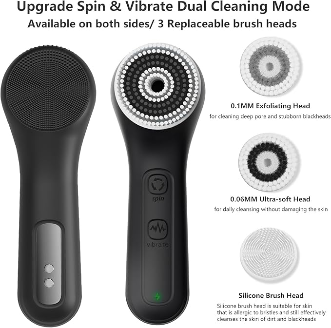 Vibrating and Rotating Face Scrubber, Waterproof Rechargeable Facial Cleansing Brush, 8 Modes Face Brush for Exfoliating and Massaging, for Removing Blackhead（Matte Black）