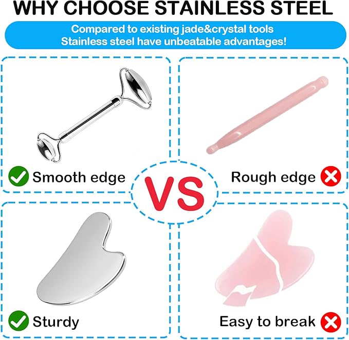 Stainless Steel Facial Roller & Gua Sha,Gua Sha Facial Tools Stainless Steel, GuaSha Tool and Face Roller Set - Metal Face Roller, Facial Tension, Sturdy