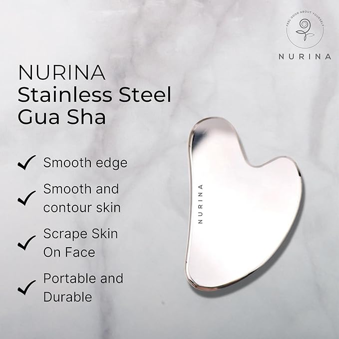 NURINA Pure Stainless Steel Ice Roller Face Roller & Gua Sha Set Double-Sided Facial Tools Face Massager Skin Care Set Gua Sha for Face Neck Body Anti-Wrinkle Facial Massage Kit