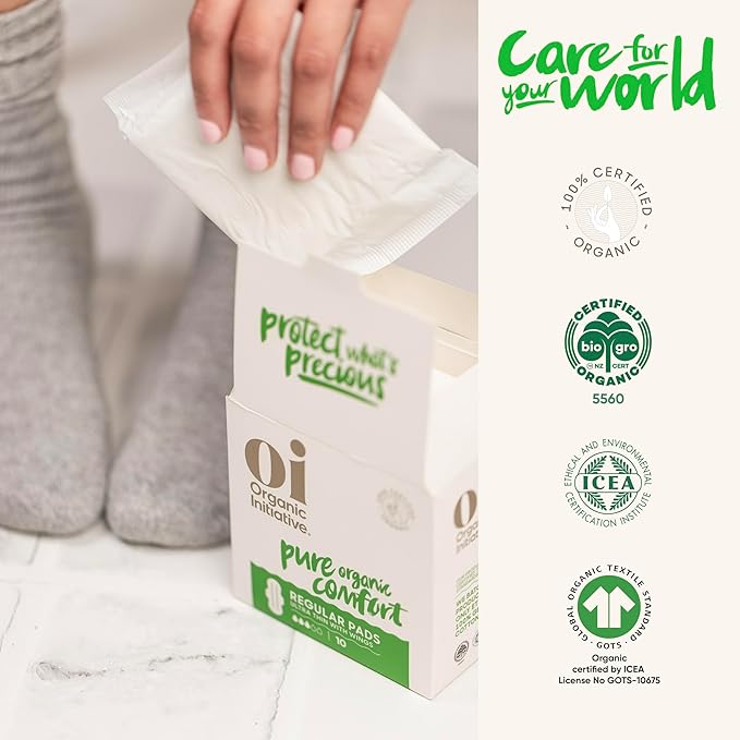 Oi | Organic Initiative - Ultra-Thin Pads with Wings | 100% Certified Organic Cotton, Unscented | Leak Free, Biodegradable | Non-GMO, Toxin Free (Regular, 54, Count)