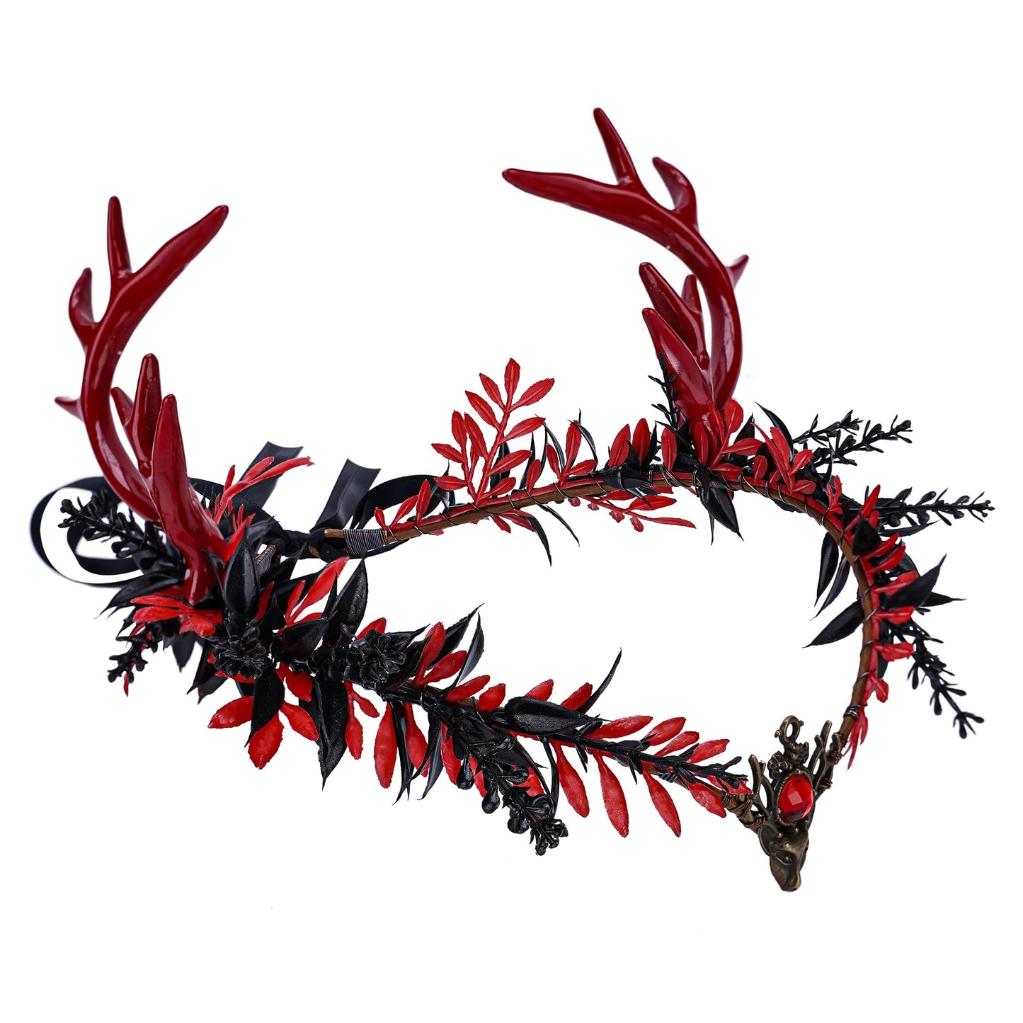MOSTORY Gothic Elf Antler Crown - Black Deer Horns Headband Red Fairy Heapiece Dark Elven Circlet for Renaissance Fair Costume Women Goth Wedding Halloween Cosplay