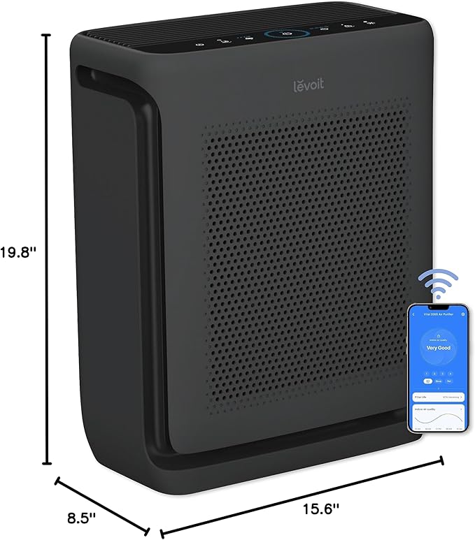 LEVOIT Air Purifiers for Home Large Room Up to 1878 Ft² with Washable Pre-Filter, AHAM VERIFIDE, Air Quality Monitor, HEPA Sleep Mode for Allergies, Pet Hair in Bedroom, Vital 200S-P, Black