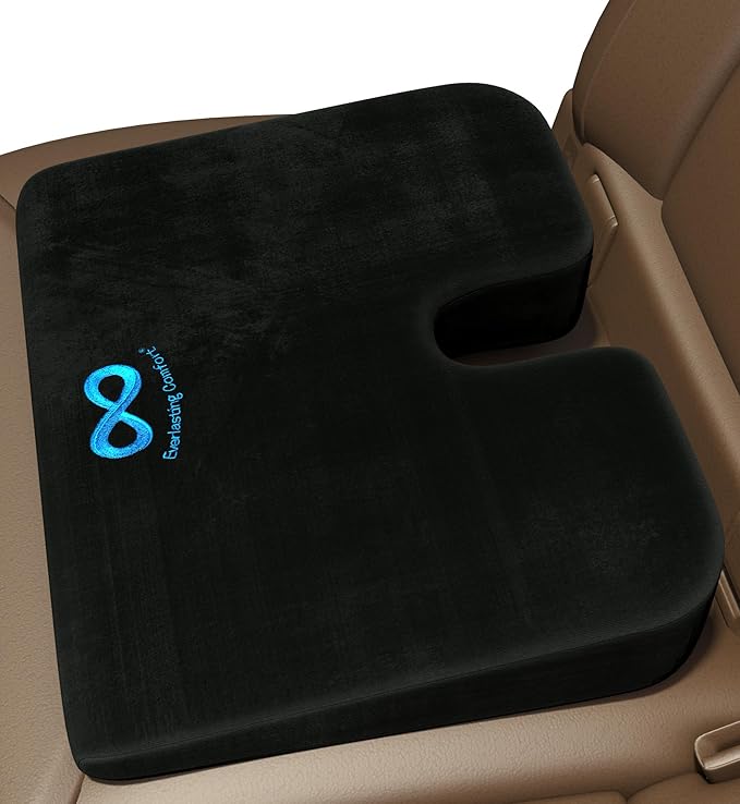 Everlasting Comfort Memory Foam Car Seat Cushion - Tailbone Pain Relief, Driving Seat Cushion for Short People - Office, Wheelchair, Gaming Chair, Travel - Non-Slip, Washable Cover