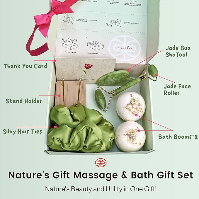 Rena Chris Gua Sha Facial Tool & Face Roller Set, Massage Spa Basket Set, Face Massager Tools Suitable for Skin Care Daily Routine, Puffiness, Body Massage