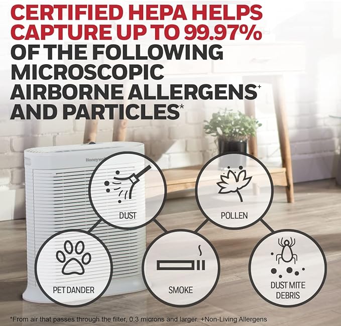 Honeywell AllergenPlus HEPA Air Purifier, Airborne Allergen Reducer for Extra Large Rooms, Reduces Allergens, Smoke, Wildfire Smoke, Pollen, Pet Dander and More, White, HPA304