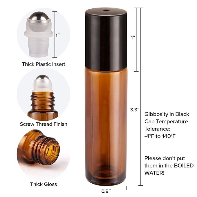 Essential Oil Roller Bottles, 48 Pack Hoa Kinh 10ml Empty Glass Amber Roller Bottles UV Protection with Stainless Steel Balls (10ml-48pack)