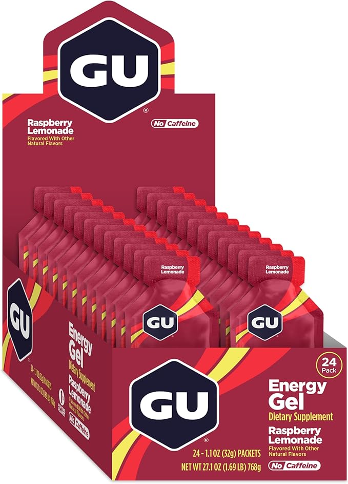 GU Energy Original Sports Nutrition Energy Gel, Vegan, Gluten-Free, Kosher, and Dairy-Free On-The-Go Energy for Any Workout, 24-Count, Raspberry Lemonade