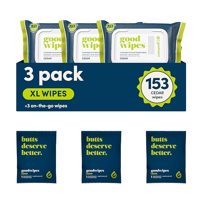 goodwipes Flushable Butt Wipes - Extra Large Adult Wet Wipes For Women & Men - Bathroom Essentials - Sewer & Septic Safe - Cedar, 153 Count (3 Packs + 3 Individually Wrapped)